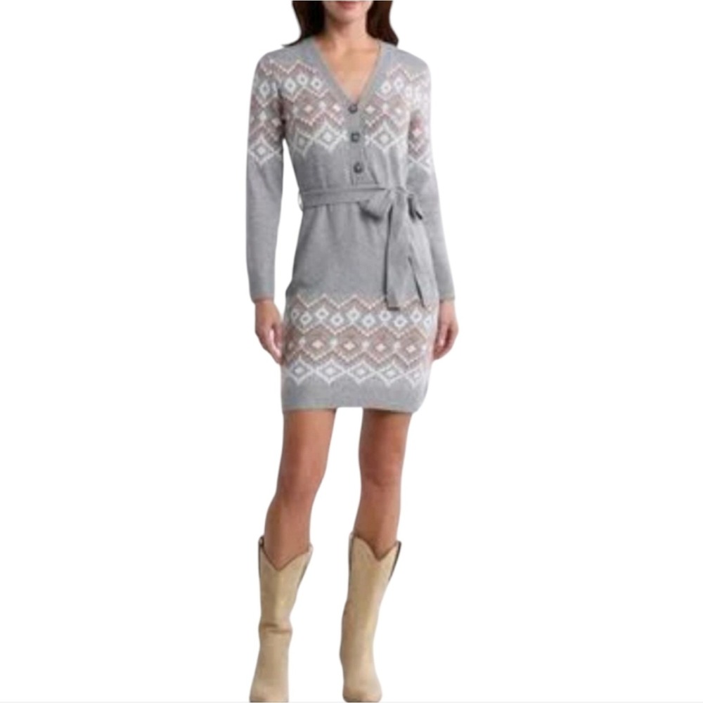 Lucky brand Grey Faire Isle Button Front Belted Sweater Dress Plus Size 2X New